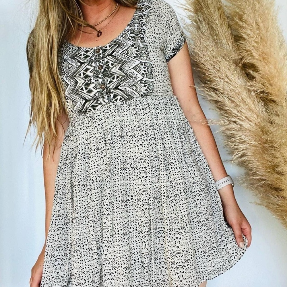 Free People Boho Tunic Black and White Tiered Mini Sundress with Scoop Neck